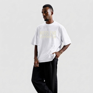 T-shirt blanc oversize Moto End Corporation à manches courtes, col rond, style streetwear, en jersey de coton, imprimé graphique vieilli pour homme - Product Image 3