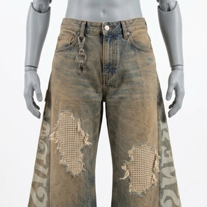 <b>Men's</b> <b>High</b> <b>Waist</b> Wide Leg Distressed Denim <b>Jeans</b> With Letter Print Loose Fit Streetwear Style - Product Image 3
