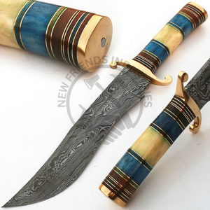 Cuchillo de caza Bowie de acero de Damasco de 12 pulgadas, edición nueva, hecho a mano, extra afilado, hoja fija, para camping, con mango de hueso de camello de color. - Product Image 2