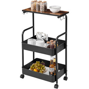Carrito de Cocina Rodante de Metal de 3 Niveles, Estilo Vintage, con Superficie de Madera, Organizador de Almacenamiento para Cocina, Acabado Negro, Estante de Acero - Product Image 1