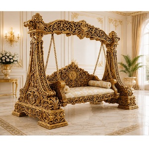 Exclusive Teak Wood Swing Brass Metal Chains Royal Maharaja Style Golden Jhula Handcrafted Wooden Swing <b>Set</b> Home Furniture - Product Image 1