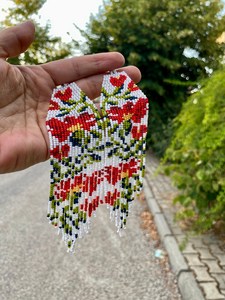 TRENDING <b>Red</b> Carnation Beaded Fringe <b>Earrings</b>: Boho Floral Seed Bead Jewelry FOR GIFT , WEDDING,ANNIVERSARY - Product Image 2