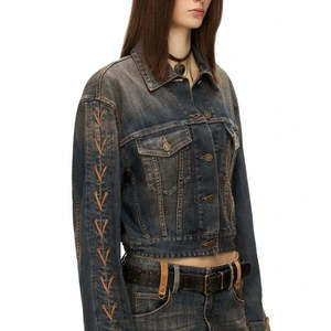 Veste en jean pour femme à manches lacées effet vieilli, vêtement d'extérieur confortable au design unique - Product Image 2