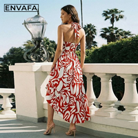Robe longue d'été élégante pour femme, col carré, sans manches, imprimé léopard, taille haute, coupe ajustée, lavable, avec logo personnalisé