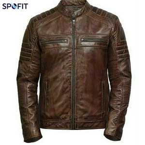 Custom Slim Mens <b>Vintage</b> Sheep Skin Leather <b>Biker</b> <b>Jackets</b> Waterproof Eco-Friendly Plain Dyed Stand Collar Front OEM - Product Image 5