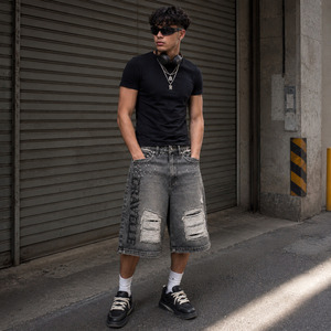 Dirty Grey Double Waist Denim Jorts <b>Men</b> / <b>Mens</b> Oversized Y2K Streetwear <b>Shorts</b> Frayed <b>Patch</b> Details Low MOQ Wholesale - Product Image 6