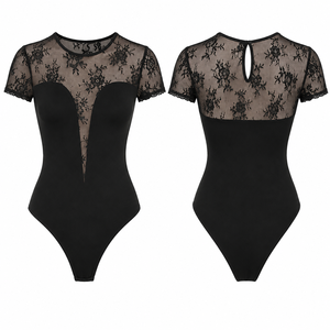 Body in Pizzo Nero da <span class=keywords><strong>Donna</strong></span> con Maniche Corte in Rete Floreale, Collo Tondo, <span class=keywords><strong>Aderente</strong></span> ed Elasticizzato - Product Image 2