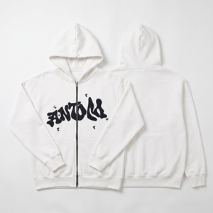 Venta al por mayor Streetwear gráfico sudadera logotipo personalizado gota hombro pesado Puff estampado algodón liso en blanco Zip up sudaderas con capucha - Product Image 1