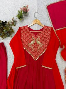 Women's Red Embroidered Anarkali <b>Kurta</b> and Pant Set with Dupatta Chani <b>Silk</b> Rayon Festival Wear - Product Image 5