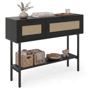 Consolle in Rattan Nero da 40 Pollici con Armadietti Contenitori e Ripiano Aperto, Tavolo da Ingresso con Robusta Struttura in Acciaio al Carbonio di Livi - Product Image 1