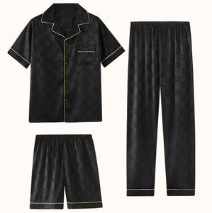 Conjunto de Pijama de Seda de 3 Piezas para Hombre, Manga Corta, Color Sólido, Ropa de Dormir de Satén con Bolsillo, Ropa Casual de Verano - Product Image 1
