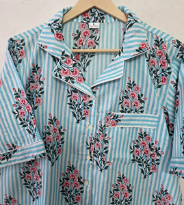 Ensemble de pyjama d'été pour femmes en pur coton imprimé à la main, respirant, séchage rapide, chemise à manches courtes boutonnée, short à taille élastique - Product Image 4