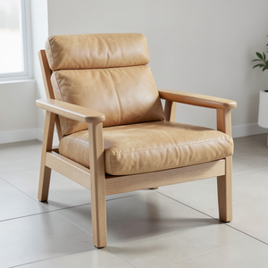 Fauteuil lounge en cuir de vachette véritable, structure en bois massif, fauteuil d'appoint moderne, fauteuil rembourré pour salon - Product Image 1
