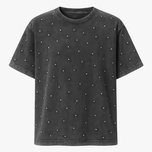 T-shirt personnalisé streetwear 160g avec strass, 100% coton, délavage acide vintage, manches courtes, col rond, anti-rétrécissement, motif frontal - Product Image 1
