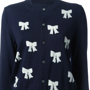 Navy & <b>White</b> Contrast Bow Wool/Cashmere Knit Cardigan Elegant V-neck Button Front Long Sleeve Thick Winter Layering Essential - Product Image 6