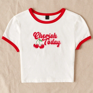 <b>White</b> Short Sleeve Crop Top O-Neck <b>Slim</b> <b>Fit</b> Knitted Men's T-<b>Shirt</b> With Red Contrast Trim Casual Solid Design - Product Image 6