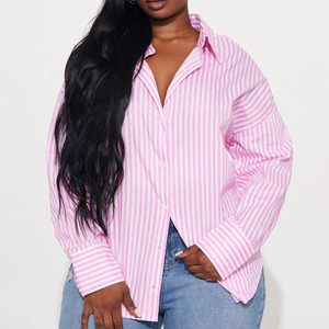 Camisa de Mujer a Rayas Rosas, Talla Grande, Personalizada al por Mayor, con Botones, Manga Larga, Cuello Camisero, Blusa Casual, Top de Primavera - Product Image 3