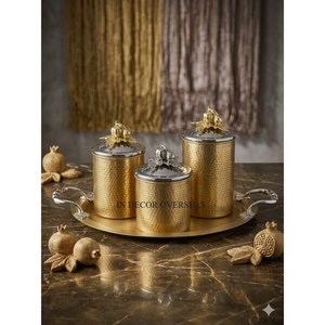 Gold Hammered Stainless Steel <b>Canisters</b> <b>Set</b> With Pumpkin Top Lids Spice Storage Containers Kitchen Decor Glam Style Handcrafted - Product Image 1