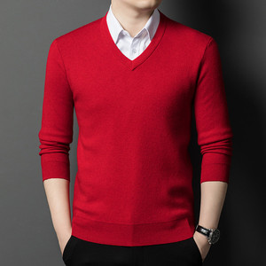 Pull en laine pure à 100 % pour homme, col en V, tricot fin et lisse, uni, manches longues, doux, chaud, anti-boulochage, pour l'hiver, style business décontracté - Product Image 4