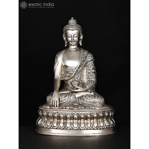 Bouddha assis dans une sculpture en laiton plaqué argent avec geste touchant la terre de 8 pouces - Product Image 2