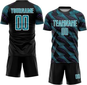 Ensemble de maillots de football personnalisés sublimés, motif géométrique noir et turquoise, évacuation de l'humidité, uniformes d'équipe unisexes pour adultes - Product Image 1