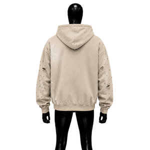 Sudadera con capucha beige extragrande para hombre, exclusiva de invierno, con detalles de cristales de imitación, bolsillos desgastados, estilo streetwear, 100% algodón - Product Image 2