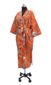 Robe longue pour femme à imprimé floral orange, manches longues, col en V, en polyester tissé, style kimono décontracté, fermeture à cordon doux - Product Image 2