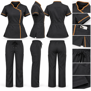 Conjunto de Uniforme Médico Unisex de Manga Corta con Cuello Alto, Blusa y Pantalón de Dos Piezas, Ropa de Trabajo de Tela Tejida con Ribete Dorado que Resiste la Detección por Agujas - Product Image 6