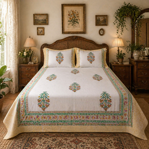 Premium Indian Artisanal Hand <b>Block</b> Printed Pure Cotton Classic Floral <b>Bed</b> Sheet Set King Size Soft Breathable Durable Hospital - Product Image 5