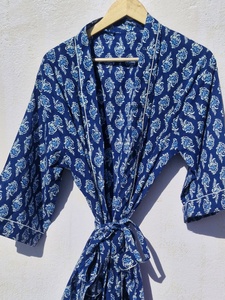 Indigo Floral Print Cotton Kimono <b>Robe</b> Women <b>Beach</b> Cover Up Lightweight Lounge Wear Bathrobe Casual Wrap Dress - Product Image 2