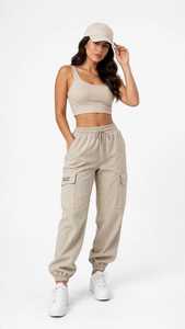 Pantalones Cargo de Lona Color Caqui para Mujer, Cintura Media, Corte Recto, Cordón Ajustable, Estilo Casual y Utilitario - Product Image 5