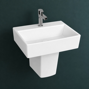 Lavabo Cuadrado Semi-Pedestal Rectangular Minimalista con Desagüe, Capacidad de 12L, Grifo Monomando de Un Solo Orificio, Montaje en Suelo - Product Image 3