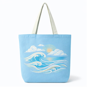 Sac fourre-tout en toile bleue COTTON FIELD avec motif océan brodé, grande capacité, réutilisable, avec poignée longue pour le shopping et la plage - Product Image 5