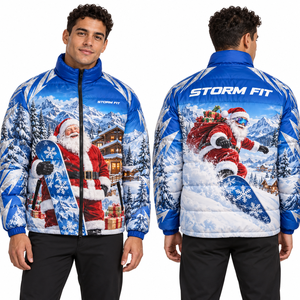 Chaqueta acolchada de invierno para hombre, negra, con diseño navideño de Papá Noel, sublimada, cortavientos, con cremallera, cuello alto, informal, aislada y acolchada. - Product Image 2
