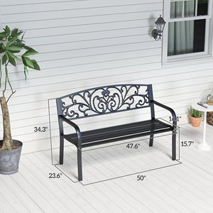 Panca da Giardino in Metallo da Esterno da 50 Pollici con Schienale a Motivo Floreale e Seduta a Doghe per Parco, Giardino, Prato, Cortile o Centro Commerciale - Nera - Product Image 3