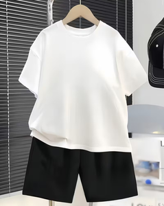 Pink O-Neck Short Sleeve T-Shirt Black Shorts 2pcs Casual Summer Set Unisex Breathable Quick Dry Polyester/Cotton Solid Clothing - Product Image 1