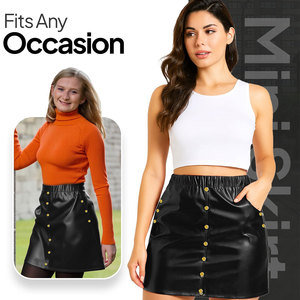 Mini-jupe en similicuir pour femme avec boutons en cristal, taille haute, coupe ajustée, jupe courte avec short intégré - Product Image 5