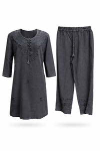 Conjunto de Dos Piezas de Viscosa Bordada para Mujer, Top y Pantalones Casuales de Cuello Redondo, Fabricante - Product Image 2