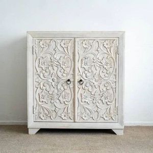Handmade Traditional Antique Solid Carved <b>Sideboard</b> Cabinet Whitewash Finish 2 Doors Storage Console for Home Hotel Villa Living - Product Image 1