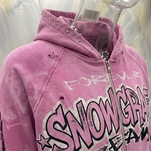 Snowgrace <b>Pink</b> Hooded Zip-Up <b>Sweatshirt</b> French Terry Oversized Streetwear Design Pocket Front Print Autumn Wear Unisex - Product Image 6