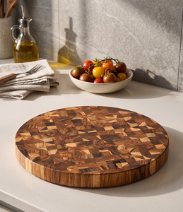 Planche à découper ronde en teck - Planche à découper multifonction avec poignée intégrée, lavable au lave-vaisselle, pour la préparation des repas en cuisine - Product Image 4