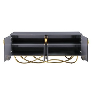 Aparador Convertible Moderno en Gris Brillante con Base Metálica Dorada Ondulada y Detalle Festoneado para Entrada de Hotel - Product Image 3