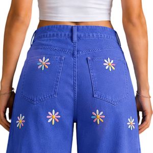 Jean en denim bleu roi pour femme, coupe large, broderie florale, taille haute, ample, style streetwear décontracté, personnalisable OEM ODM, vente en gros - Product Image 6