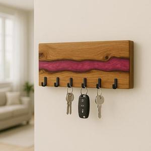 Handcrafted Wooden Wall Key Holder with Pink Epoxy Resin River Multi <b>Hook</b> Organizer Decorative Storage Rack for Entryway Home - Product Image 1