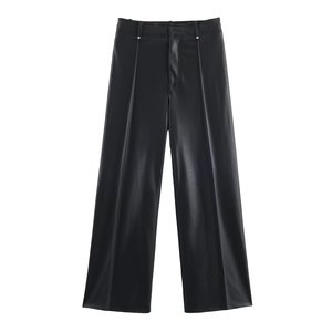 <b>Men</b> Leather Pants Floor Length Cargo Pant Pu Loose Casual Straight Trousers Regular Solid Splice Button Pocket Autumn Winter - Product Image 1
