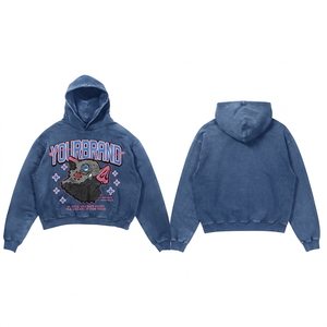 Sweat à capuche pour homme en coton 100% 350 g/m² noir délavé à l'acide, avec broderie et logo imprimés en relief, écologique et anti-rétrécissement - Product Image 1