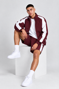 Wholesale Men's <b>Burgundy</b> Windbreaker Jacket And <b>Shorts</b> Set Custom Sportswear Tracksuit With White Panel Casual Lightweight Set - Product Image 5
