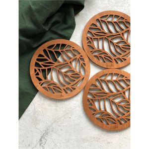Sous-verres en bois gravés au laser circulaires modernes, motif feuille minimaliste, résistants à la chaleur, pour cuisine, hôtel - Product Image 4
