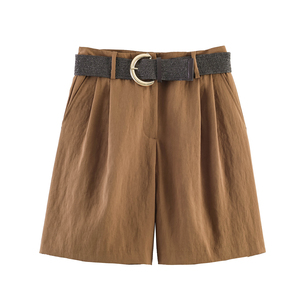 Shorts d'été décontractés plissés à 4 coloris avec fermeture éclair et ceinture, couleur unie, pour femmes - Product Image 3