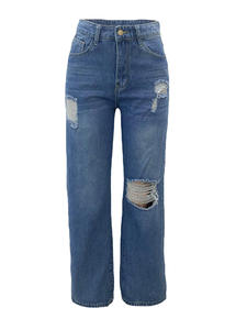 Jean en denim déchiré taille haute à jambe large pour femme, longueur intégrale, décontracté, en coton, délavé, style printemps - Product Image 1